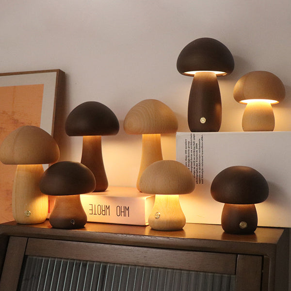 Wooden Mushroom LED Night Light with Touch Switch – Cute Bedside Lamp