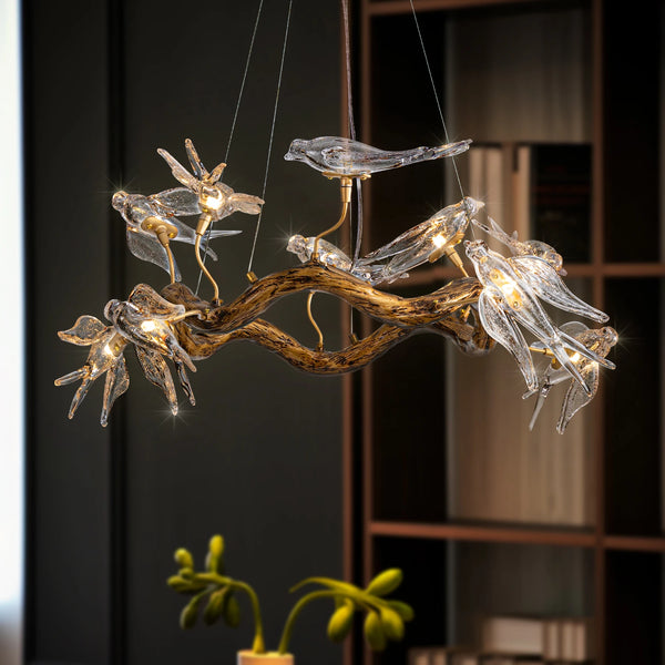 Vintage Round Glass Bird Ceiling Chandelier Swallow Long Dining Table Living Room Luxury Branch Pendant Chandelier Lamp Designer