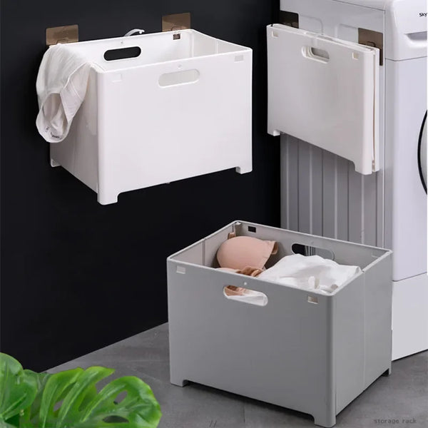 New Punch-free folding laundry basket plastic decorative wall shelf sundries storage box clothes toy organizer Hanging Hamper