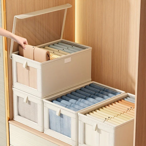 Canvas Storage Box with Transparent Window Strip - Foldable Clothing Organizing Box for Home Wardrobe Sorting
