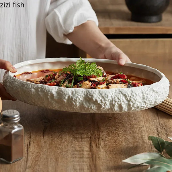 Stone Patterned Ceramic Dining Plate Main Dish Plate Oval Sushi Plates Dim Sum Dish Pasta Dish Steak Plates Dessert Bowl Tray