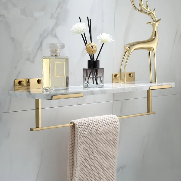 Shelf with Towel Bar Bath Shower Shelf White Marble Gold  Shampoo Holder Brass Bathroom Storage Luxury Top
