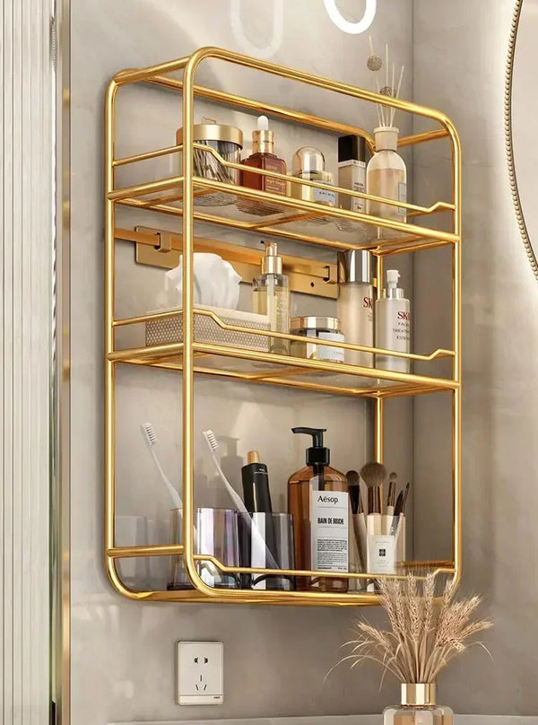 Gold multi-layer storage rack, wall mounted bathroom sink, skincare storage rack, bathroom accessories bathroom organizer