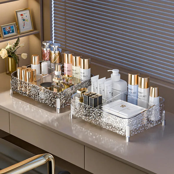 Glacier-print Desktop Makeup Organizer with Legs Clear Lipstick Split Vanity Storage PET Organizer Makeup Organizer Box