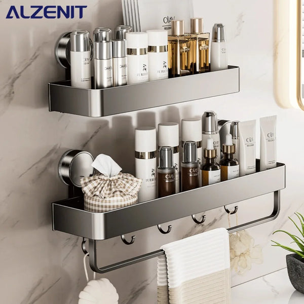 Suction Cup Type Storage Rack Wall Mounted Bathroom Gun Grey Holder Space Aluminum Toilet Storage Shelf Bathroom Hardware Parts