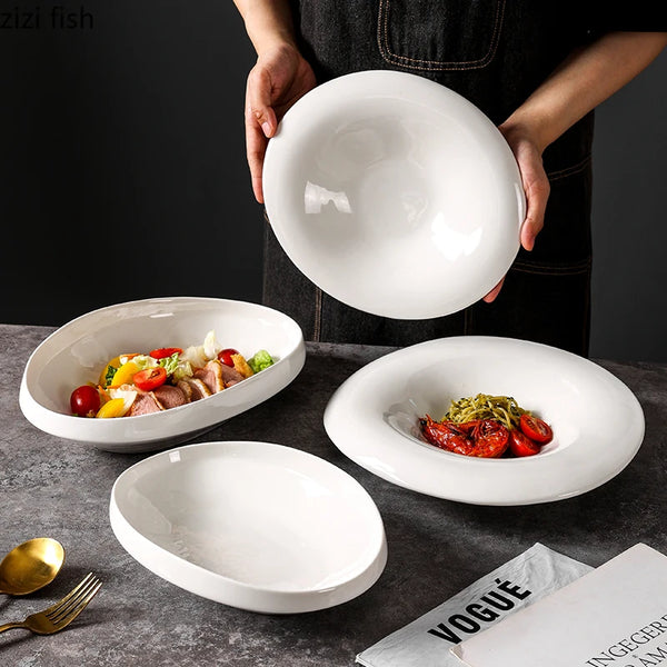 White Irregular Ceramic Bowl Dining Plate Western Steak Plate Sushi Plates Fruit Plates Salad Bowl Soup Bowls Dessert Bowls Dish