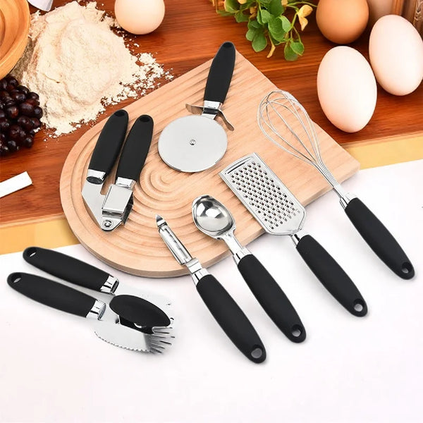 Stainless steel kitchen tools suit can opener pizza cutter egg whisk peeler kitchenware8Set