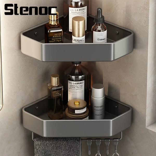 Stenoc No Punch Wall Mounted Aluminum Bathroom Shelf Shower Trangle Shelfes Corner Storage Rack With Hook Bathroom Accessories