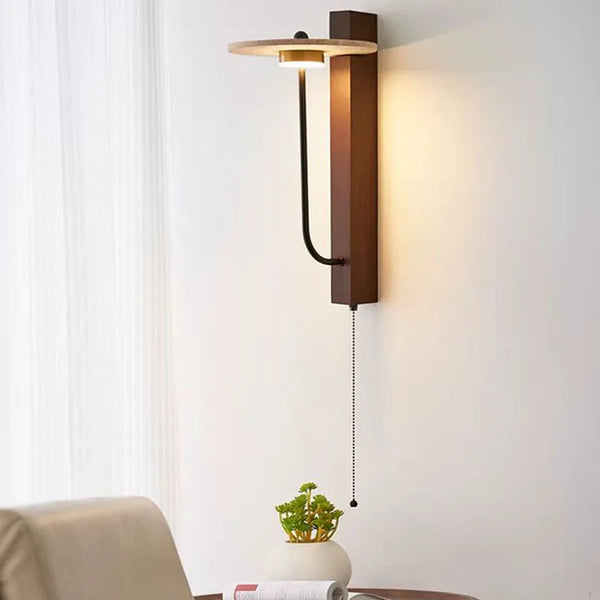 Creative Round Natural Stone Wall Light Dark Wood 3000K For Hotel Bedroom Parlor Art Deco Sconce