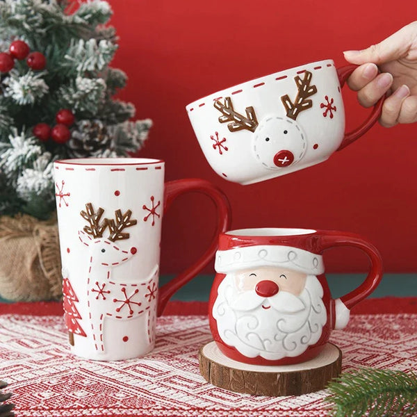 Christmas Creative Ceramic Mug Santa Claus Elk Embossed Coffee Cup Breakfast oatmeal Milk cups Home Water Cup Christmas Gift